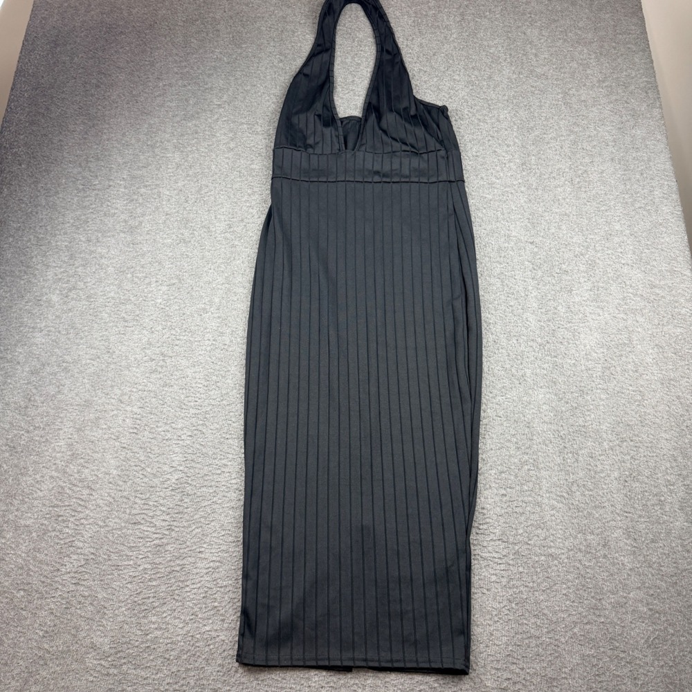 Boohoo Women's Black Pinstripe Halter Neck Bodycon Midi Dress Back Slit Size 8